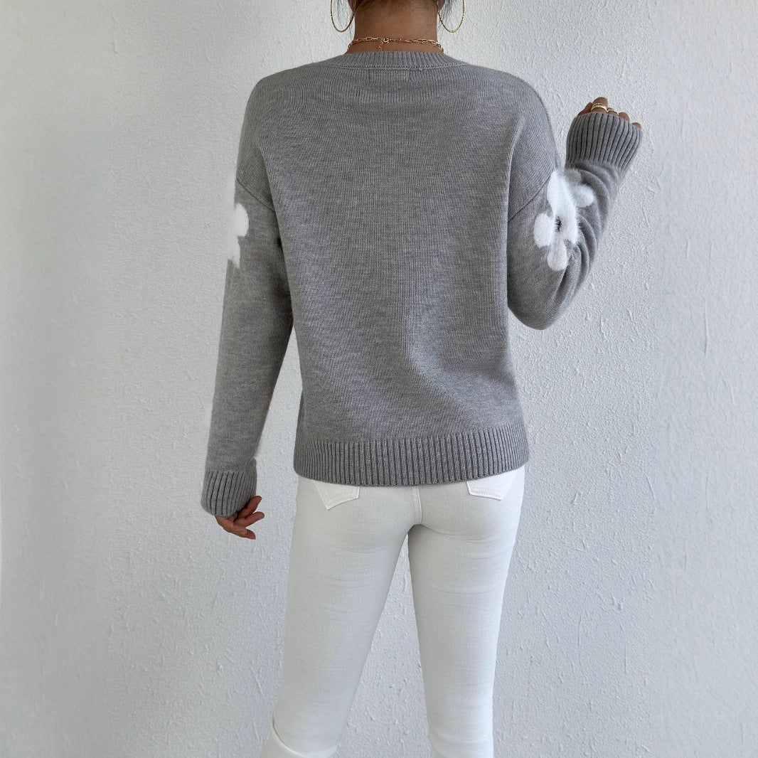 BloomKnit kadın jakarlı örgü kazak çiçek desenli