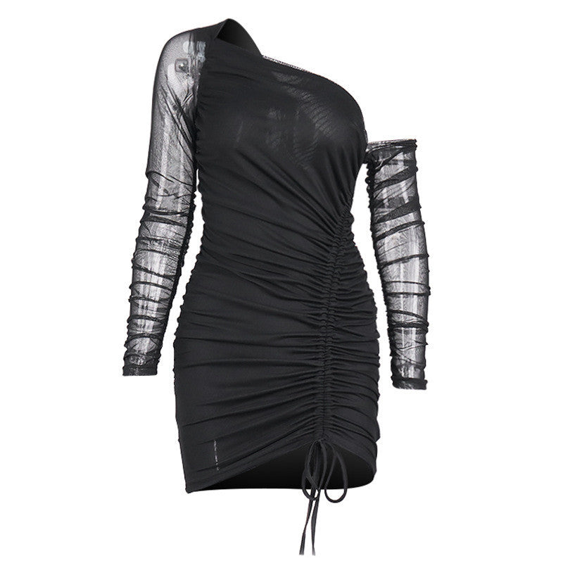 SheerChic – Fashionable Mesh-Pleated Off-Shoulder Skirt with Lacing