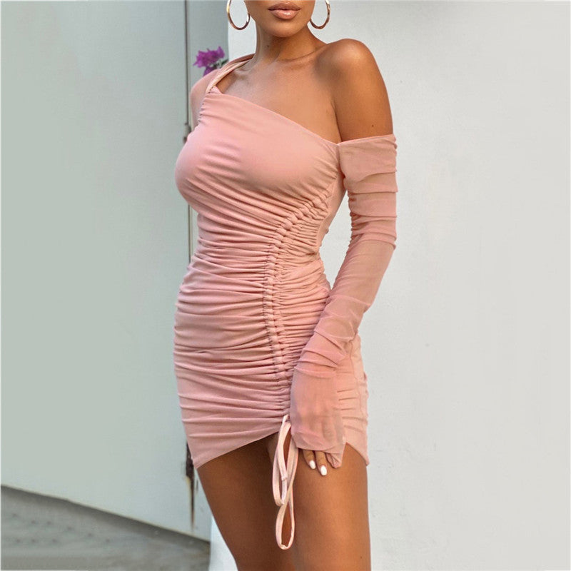SheerChic – Fashionable Mesh-Pleated Off-Shoulder Skirt with Lacing