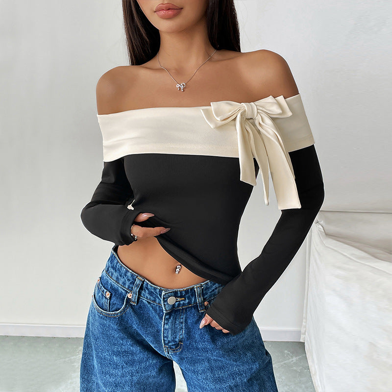 Damenmode Off-Shoulder T-Shirt mit Schleifen-Detail