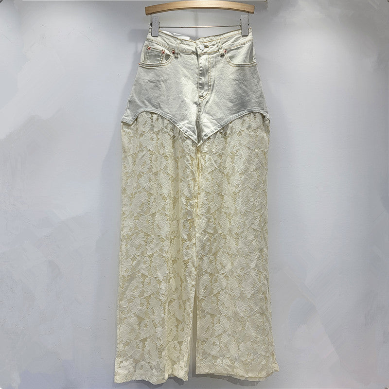 LaceCraft Straight Wide Leg Jeans mit Spitzen-Stickerei