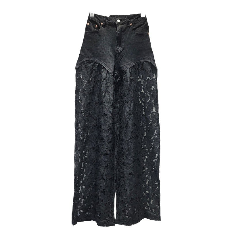 LaceCraft Straight Wide Leg Jeans mit Spitzen-Stickerei