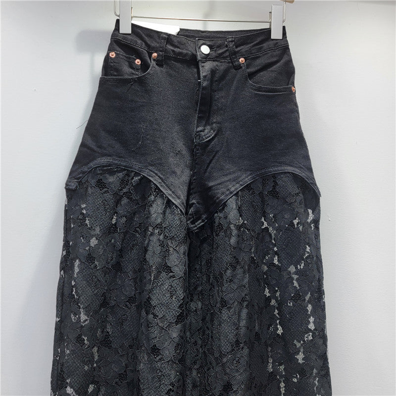 LaceCraft Straight Wide Leg Jeans mit Spitzen-Stickerei