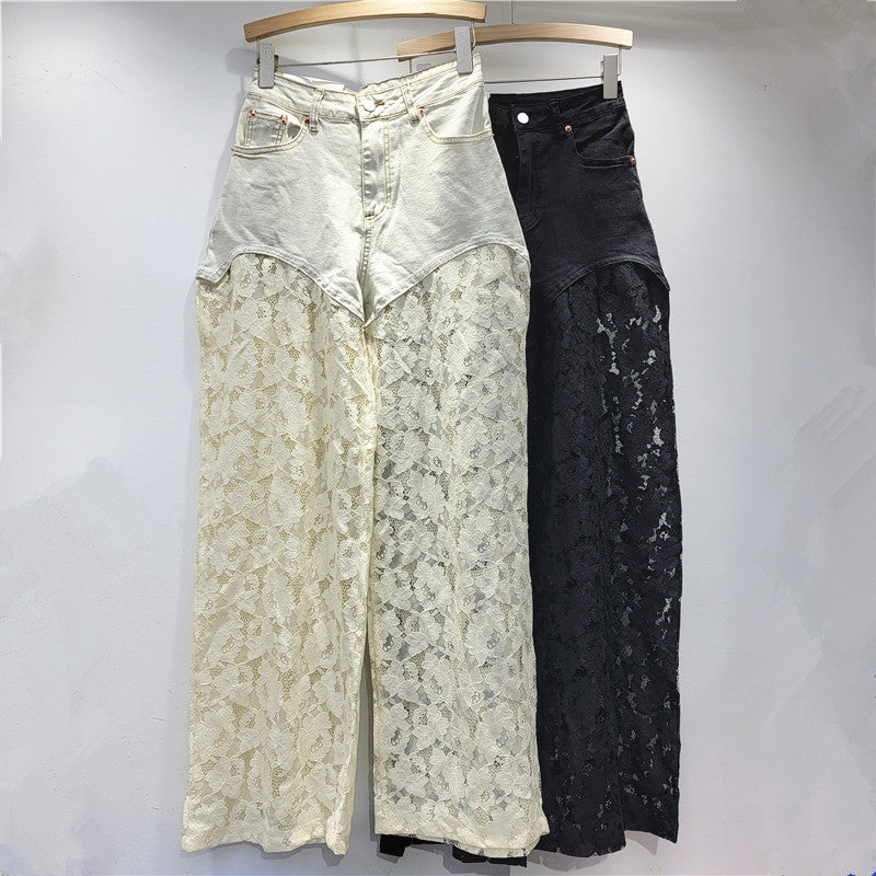 LaceCraft Straight Wide Leg Jeans mit Spitzen-Stickerei