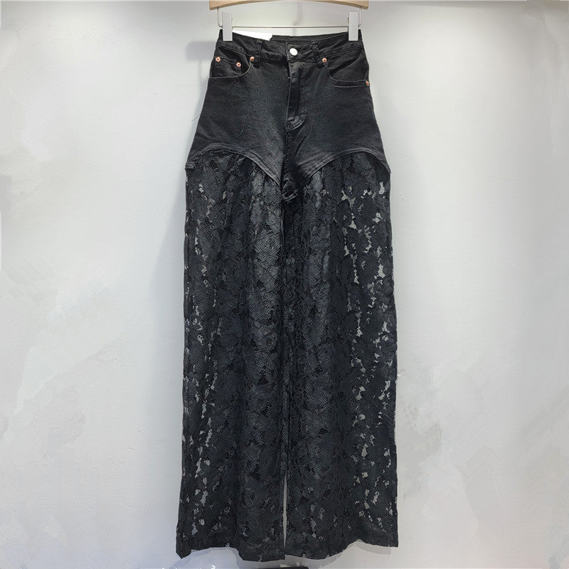 LaceCraft Straight Wide Leg Jeans mit Spitzen-Stickerei