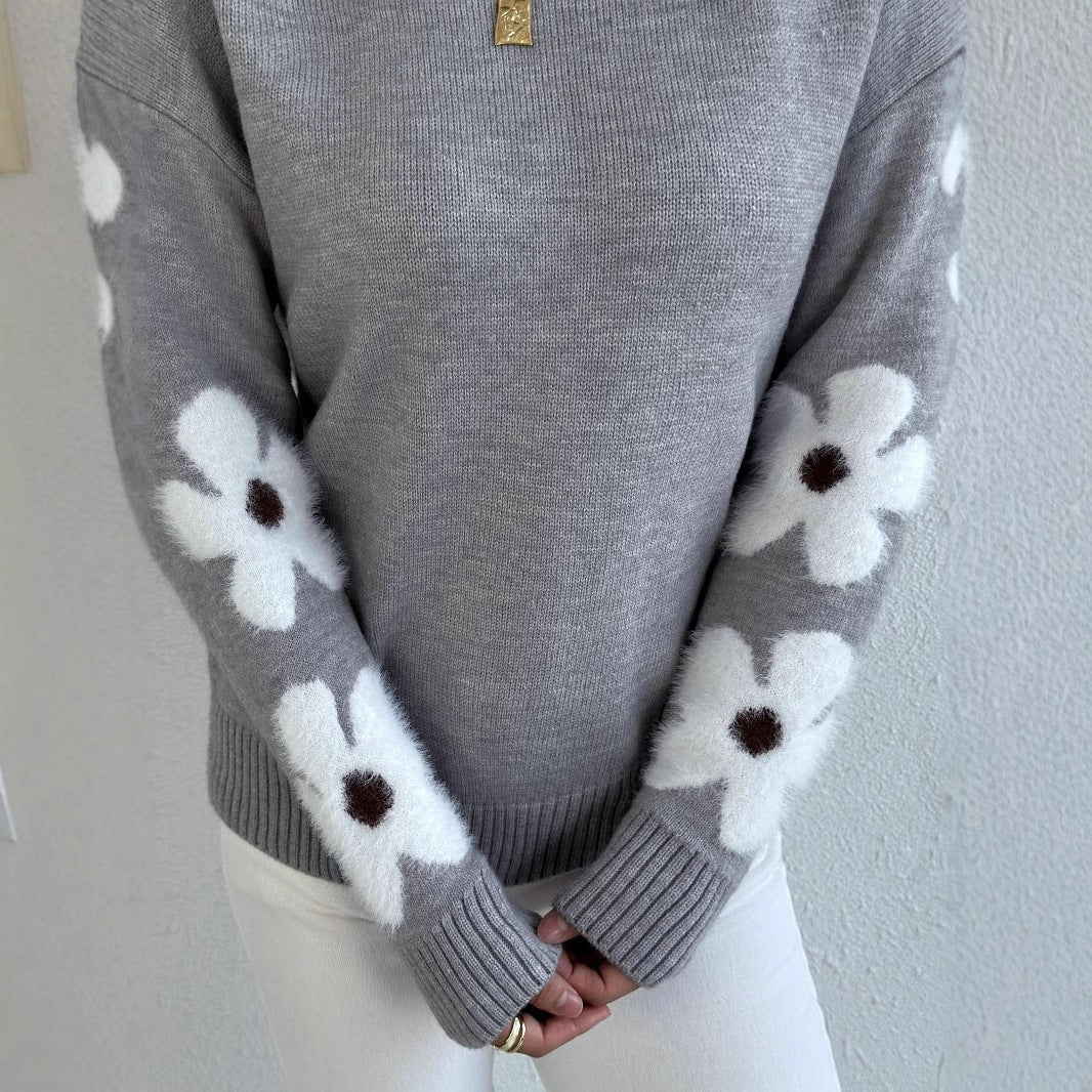 BloomKnit kadın jakarlı örgü kazak çiçek desenli