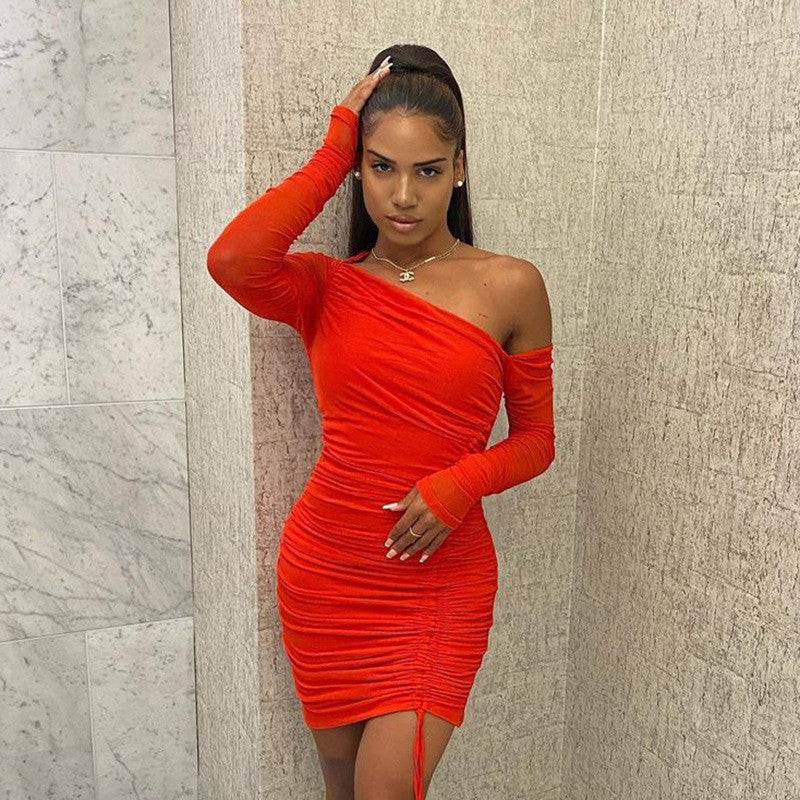 SheerChic – Fashionable Mesh-Pleated Off-Shoulder Skirt with Lacing