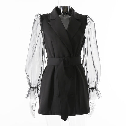 MeshChic – Transparentes Mesh Langarm-Kleid mit Doppelreißverschluss und Rock