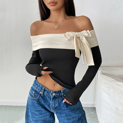 Damenmode Off-Shoulder T-Shirt mit Schleifen-Detail